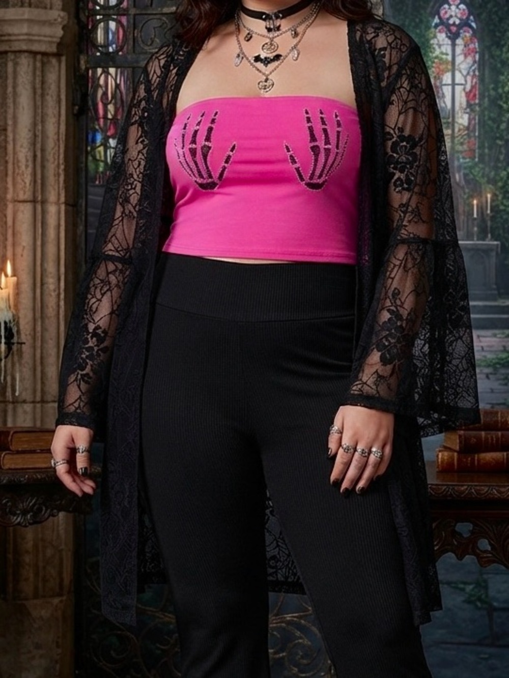 Pink Rhinestone Skeleton Hand Tube Top